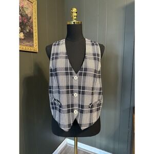 Windridge Vintage Navy Blue White Plaid Gingham Floral Vest‎ Top L Large